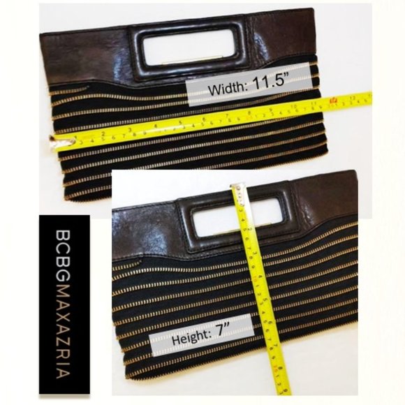 BCBGMaxAzria Brown Black Clutch Genuine Leather Trim Elegant Gold Zipper Design - Picture 10 of 11